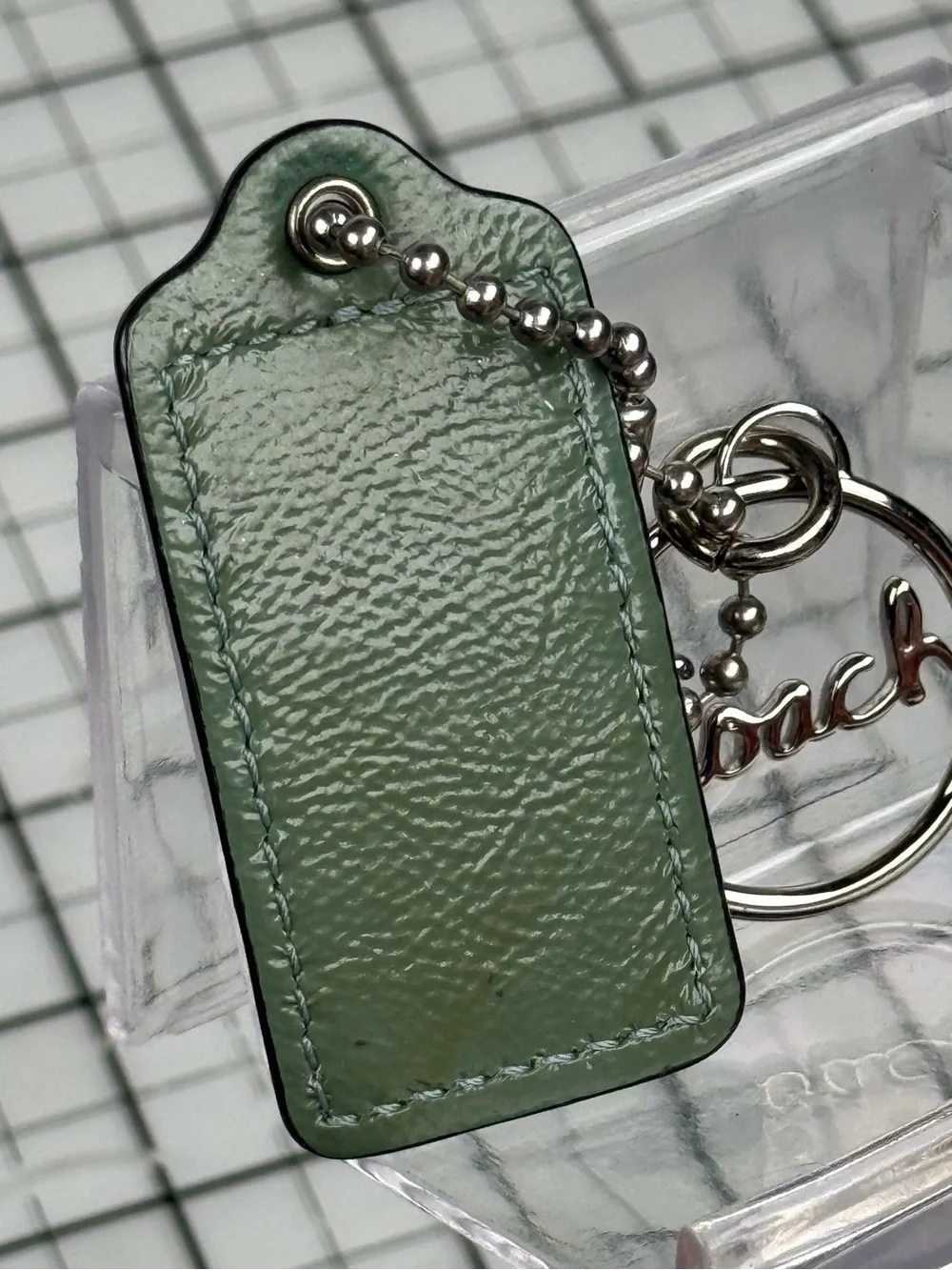 Coach Green Leather Tag Keychain with Silver Script Ring